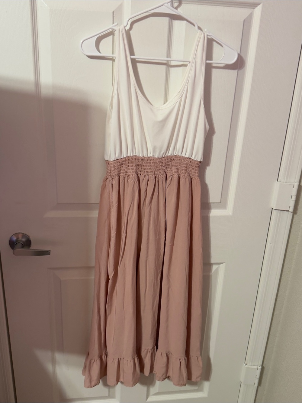 Sleeveless Two-Tone Smocked-Waist Maxi Skirt Dress in White & Blush